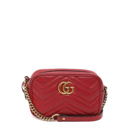 USED Gucci Calfskin Matelasse Mini GG Marmont Chain Shoulder Bag Hibiscus Red