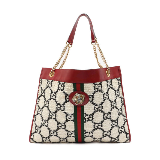 Gucci Tweed GG Monogram Large Rajah Chain Tote White Black Romantic Cherry