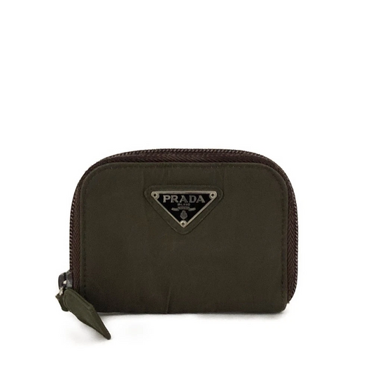 $590 PRADA Tessuto Nylon Logo Plate Coin Purse Khaki