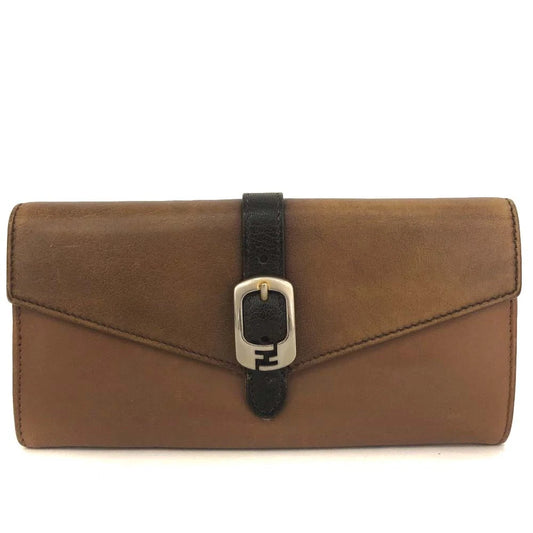 FENDI FF Logo Leather Bifold Long Wallet Brown