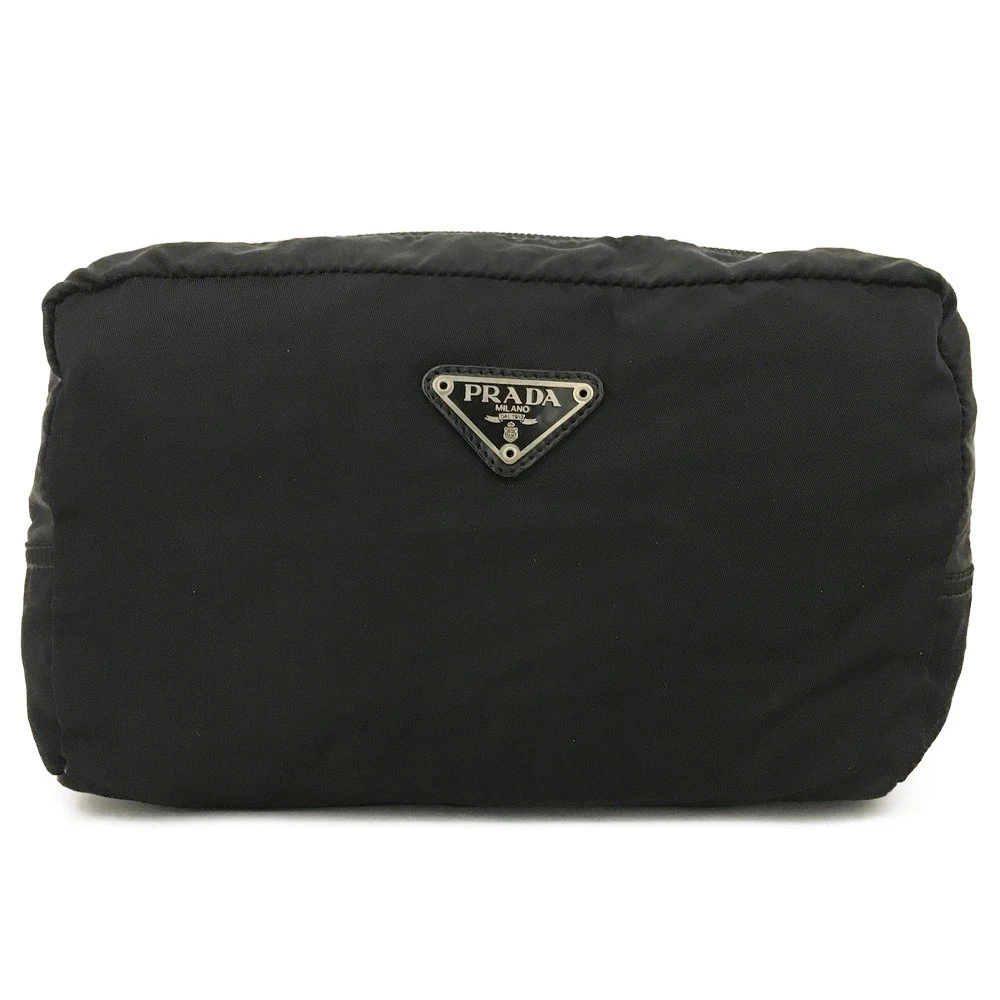 PRADA Logo Plate Nylon Cosmetic Pouch Bag Black