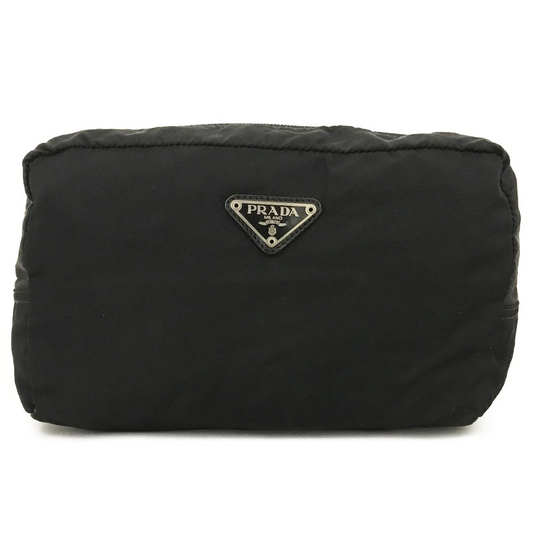 $650 PRADA Logo Plate Nylon Cosmetic Pouch Bag Black