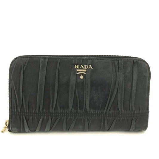 PRADA Logo Gather Leather Zip Around Long Wallet Black