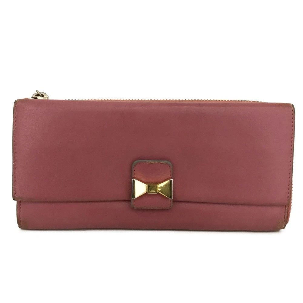 Chloe Ribbon Leather Zippy Long Wallet Purse Pink