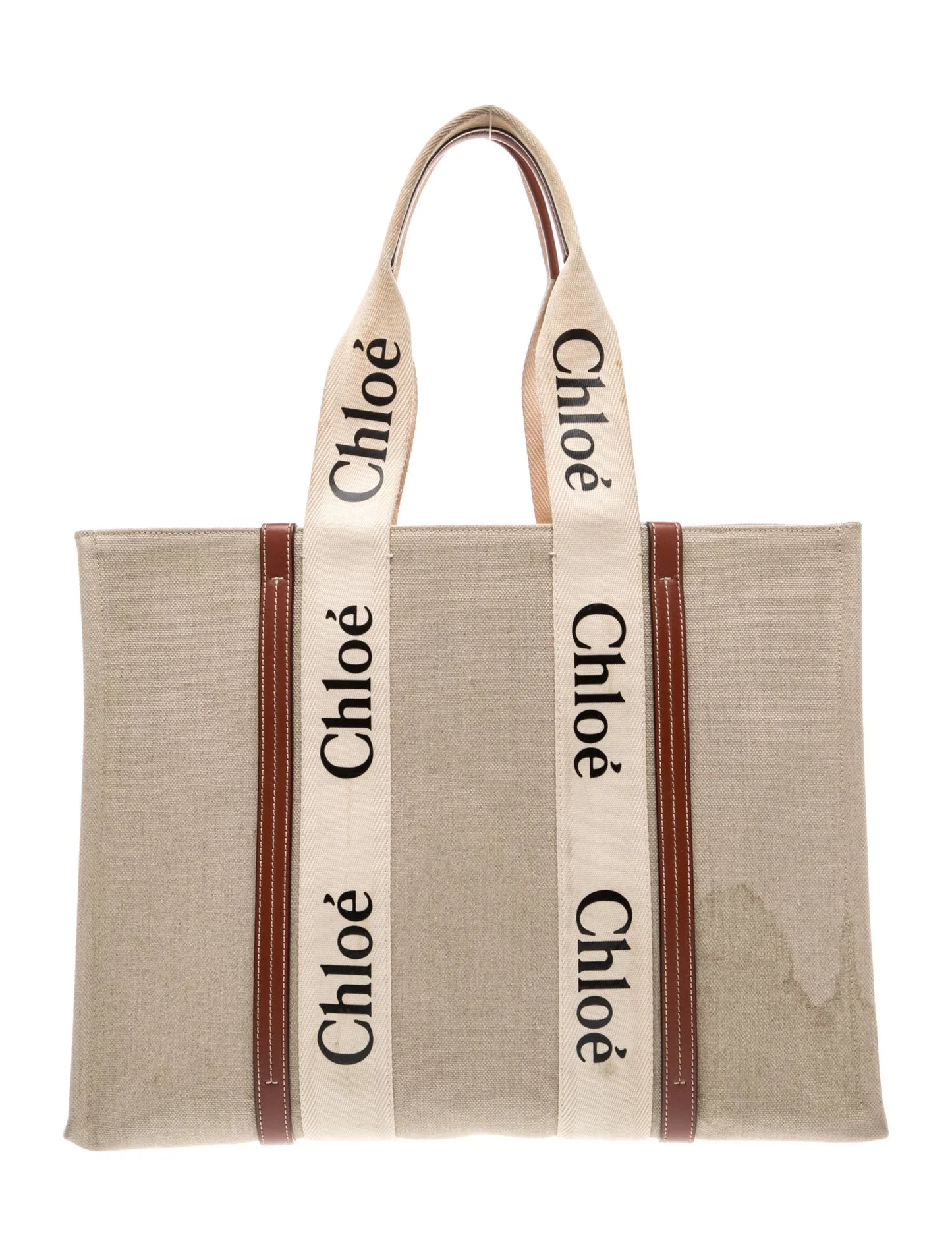 $1650 Chloe Cotton Calfskin Large Woody Ribbon Tote White Brown