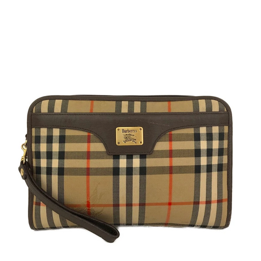 $450 Burberrys Horse Logo Check Canvas Clutch Bag Beige