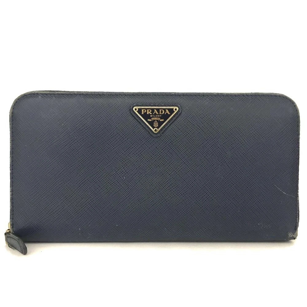 PRADA Logo Plate Saffiano Leather Zip Around Long Wallet Blue/6CG1632