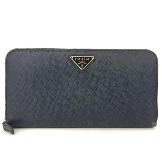 $1070 PRADA Logo Plate Saffiano Leather Zip Around Long Wallet Blue 10021016
