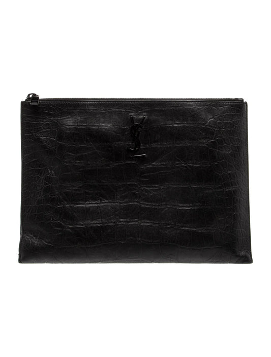 $990 Saint Laurent Croc Monogram Embossed Zip Clutch Black 2018