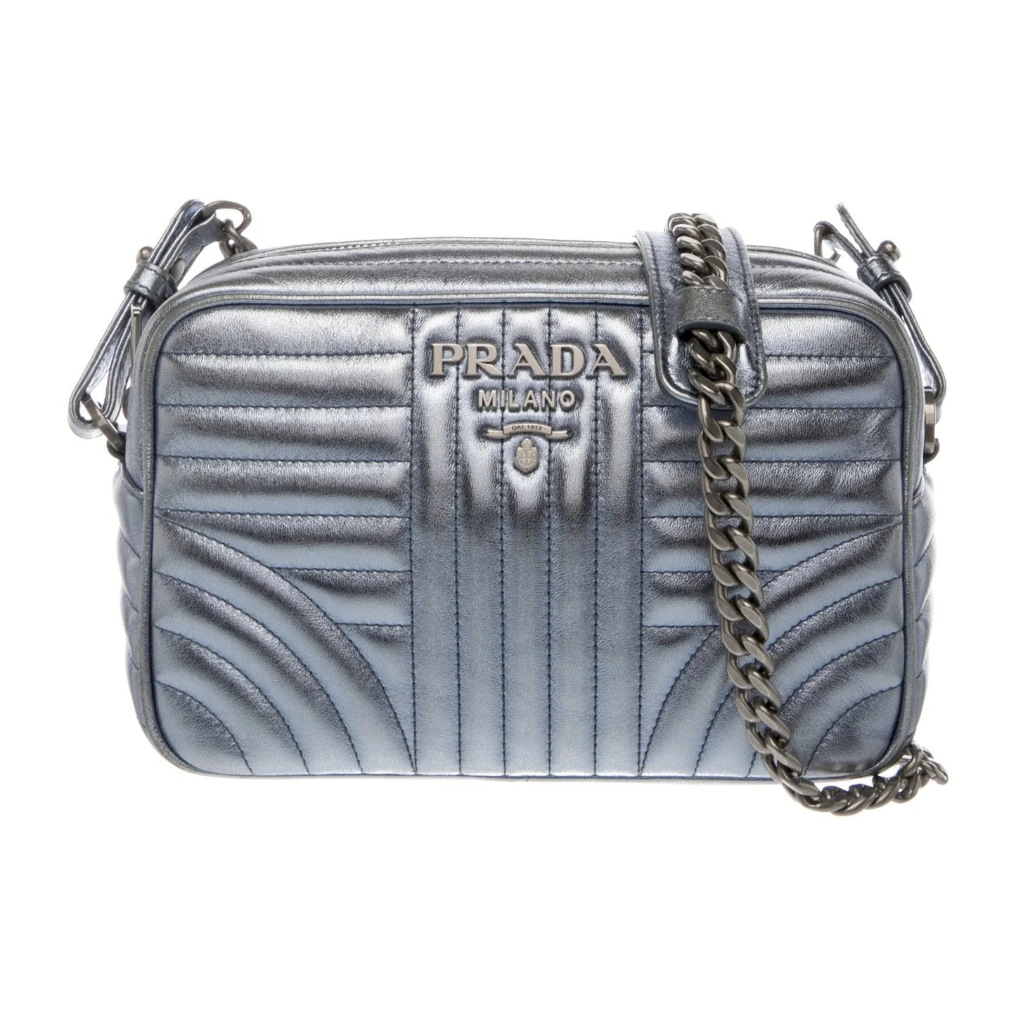 $1690 Prada Soft Calfskin Diagramme Camera Bag Metallic Silver