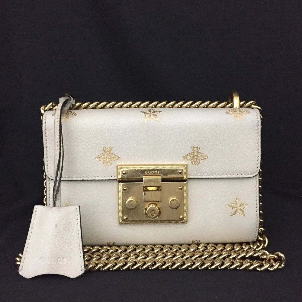 $1980 Gucci Grained Calfskin Bee Star Small Padlock Shoulder Bag White