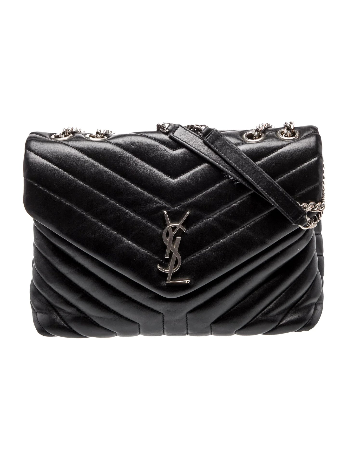 $3250 Saint Laurent Quilted Monogram Medium Loulou Chain Satchel Black