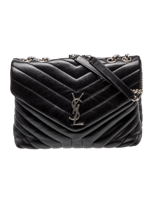 $3250 Saint Laurent Quilted Monogram Medium Loulou Chain Satchel Black