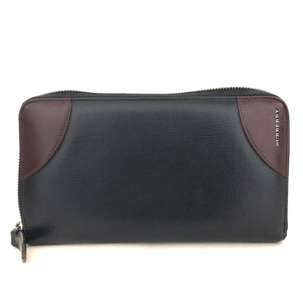 BURBERRY Logo Leather Organizer Zip Around Long Wallet Navy blue