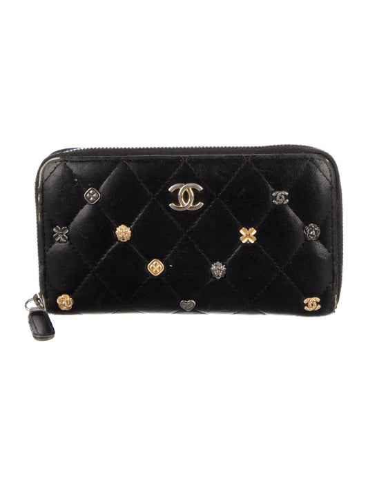 $1150 2018 Chanel 18K Lucky Charms Zip Around Long Wallet Black 10021056