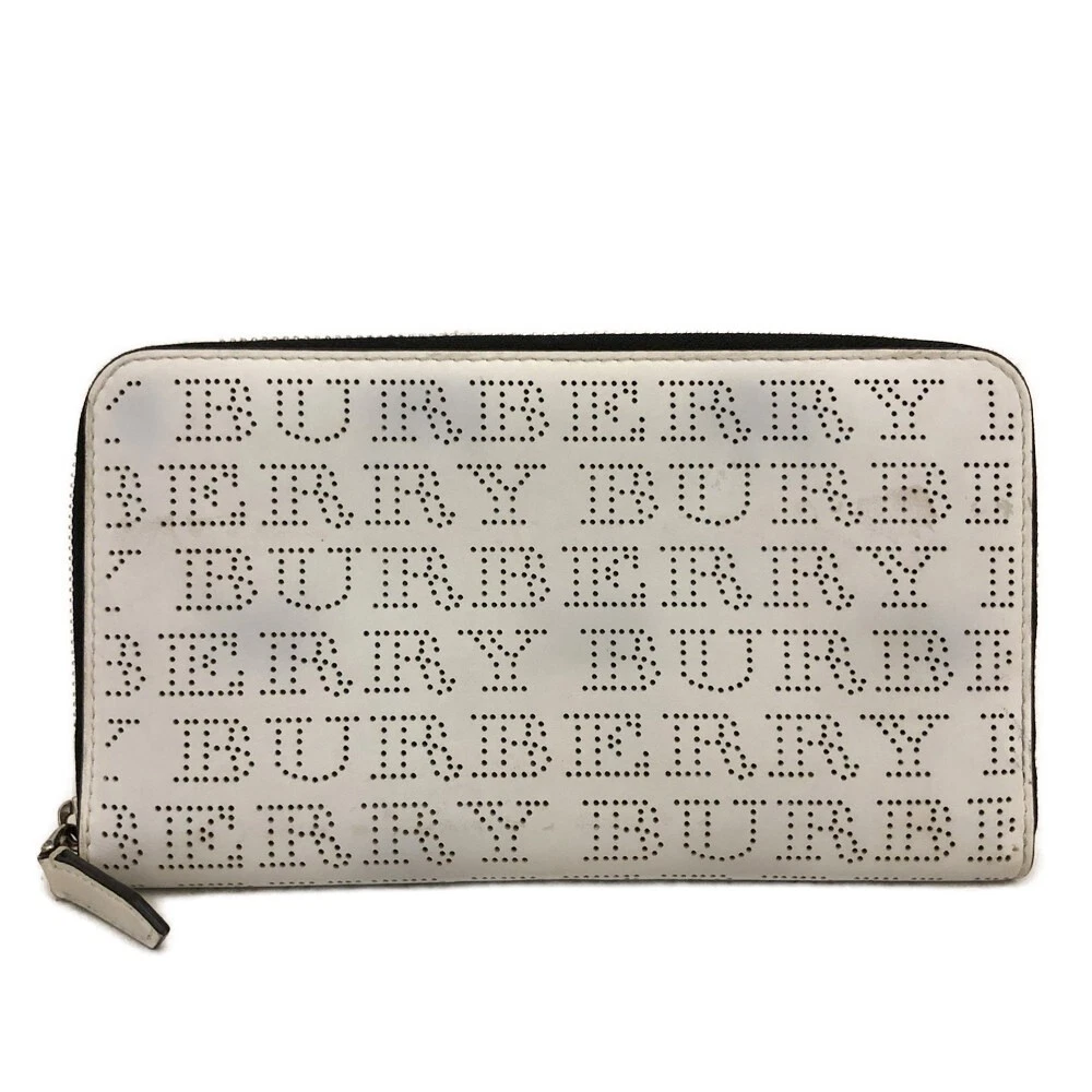 $598 BURBERRY Logo Perforated Leather Zip Around Long Wallet White