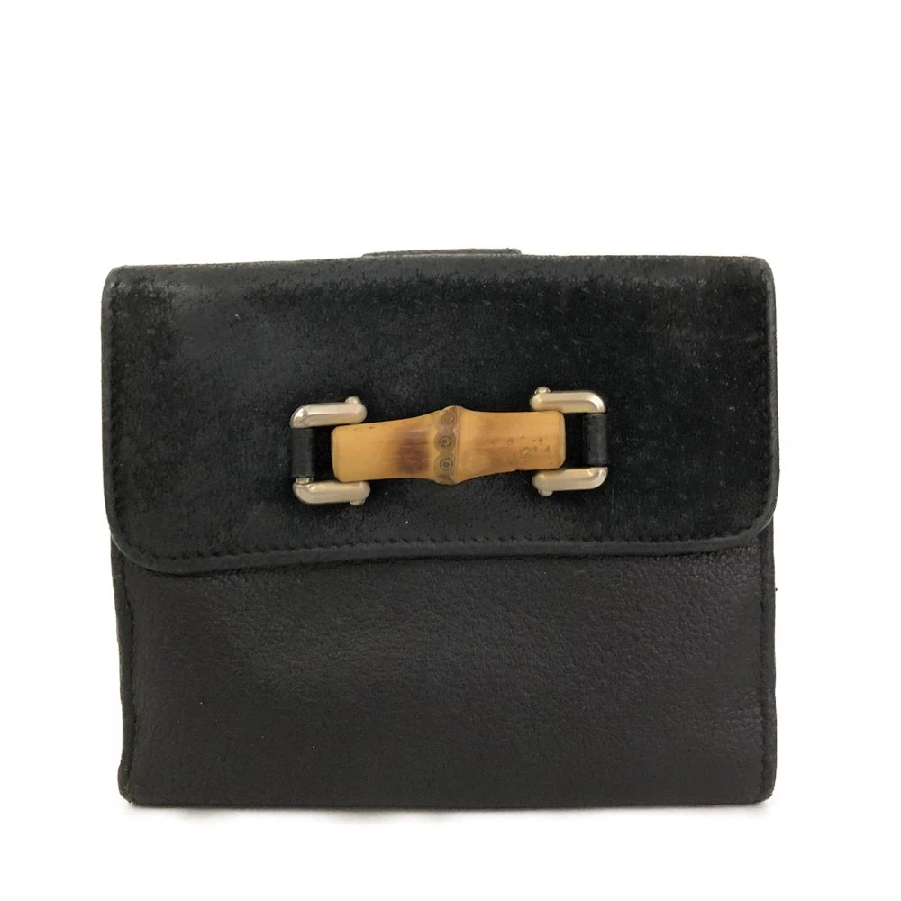 GUCCI Bamboo Leather Bifold Wallet Purse Black