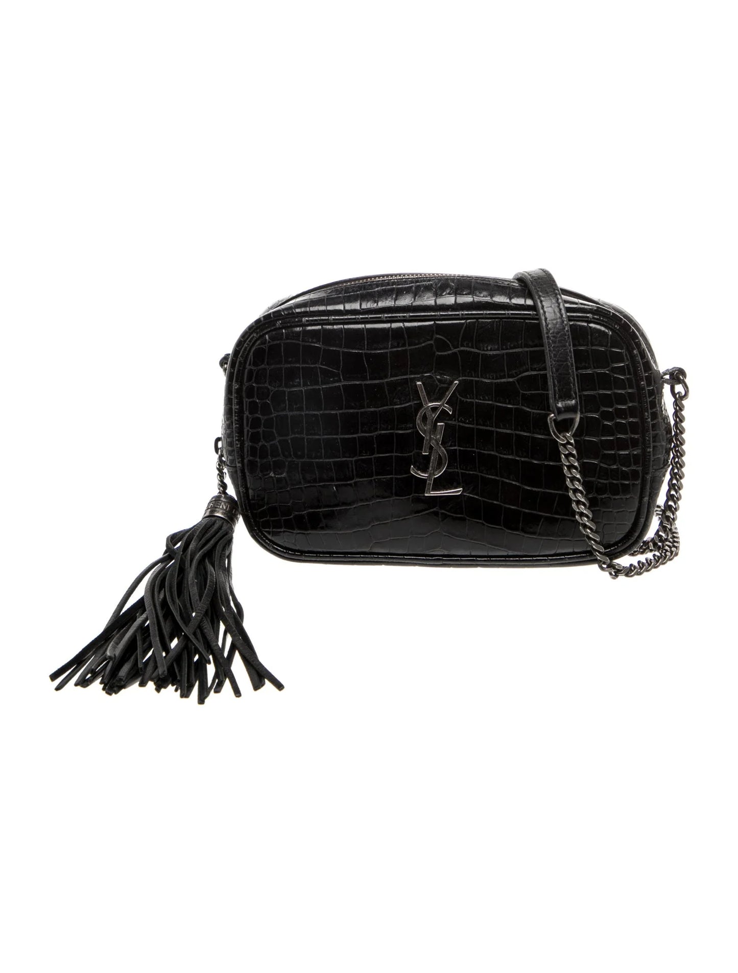 $1800 2019 Saint Laurent Calfskin Crocodile Embossed Monogram Mini Lou Camera Bag Black