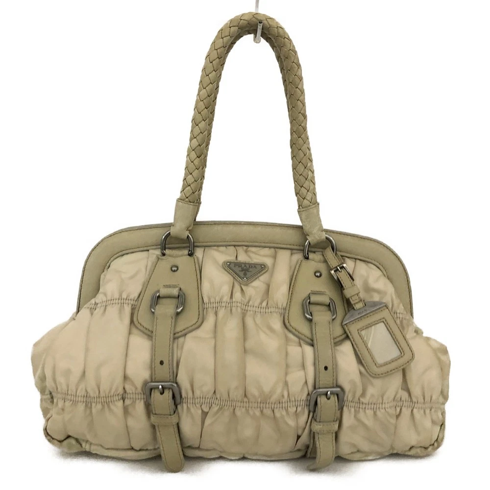 PRADA Logo Plate Nylon Hand Bag Ivory/6CH0844