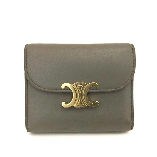 $560 CELINE Triomphe Leather Trifold Wallet Gray