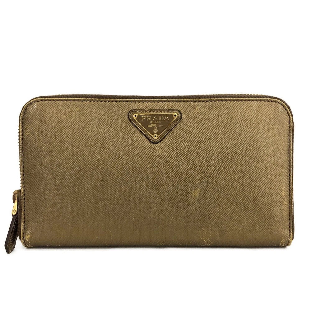 PRADA Logo Plate Saffiano Leather Zip Around Long Wallet Gold/3CA1372