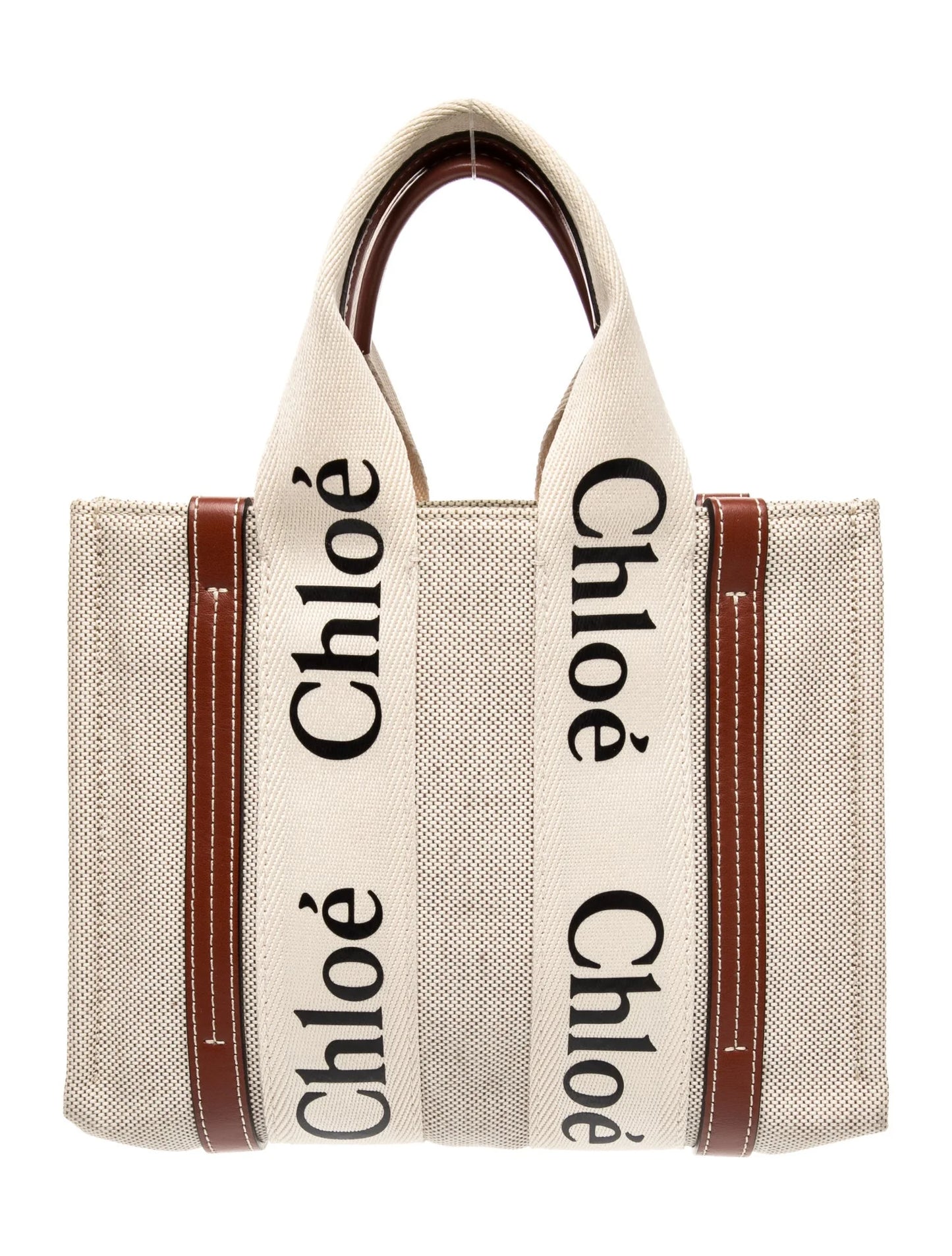 $1350 Chloe Linen Calfskin Small Woody Ribbon Tote White Black
