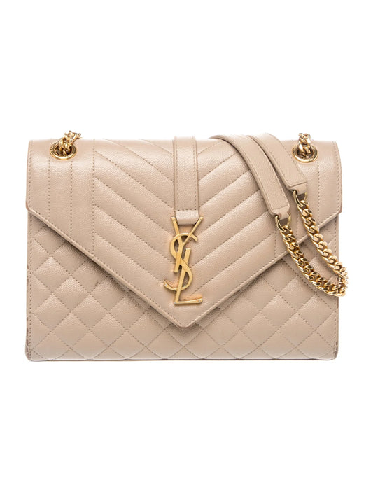 $3300 Saint Laurent Grain De Poudre Textured Mixed Matelasse Medium Triquilt Monogram Satchel Beige