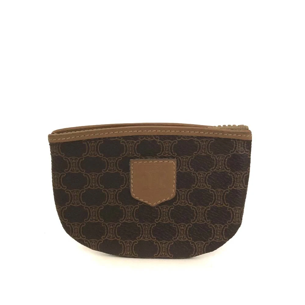 $660 CELINE Macadam Canvas Zip Coin Purse Wallet Brown