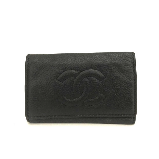 CHANEL CC Logo Grained Calf Skin 6 Ring Key Case Black 448055