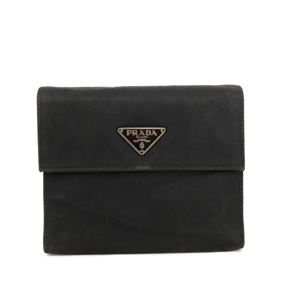 $775 PRADA Tessuto Nylon Logo Plate Trifold Wallet Black