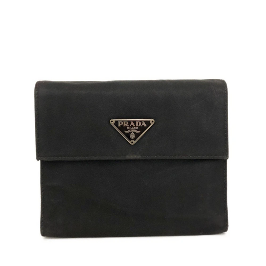 $775 PRADA Tessuto Nylon Logo Plate Trifold Wallet Black
