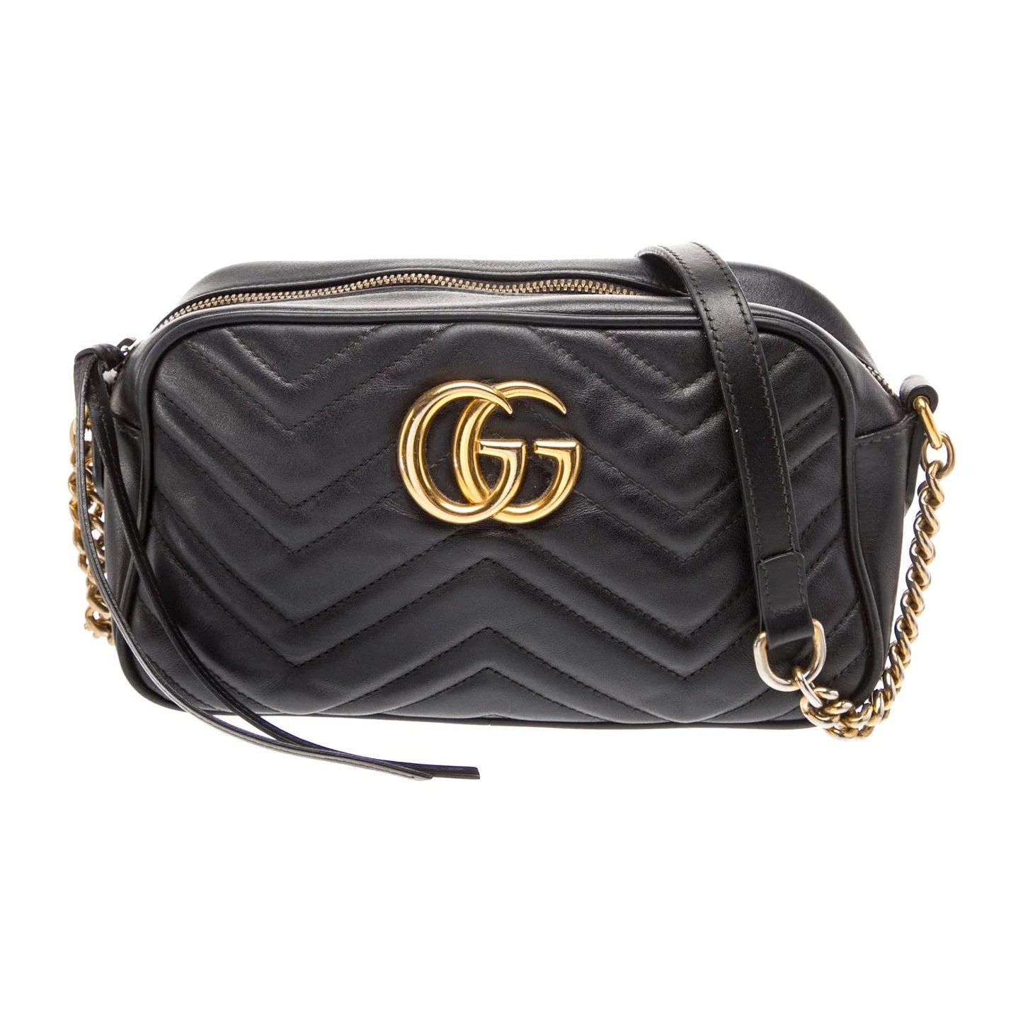 $1950 Gucci Calfskin Matelasse Small GG Marmont Chain Shoulder Bag Black