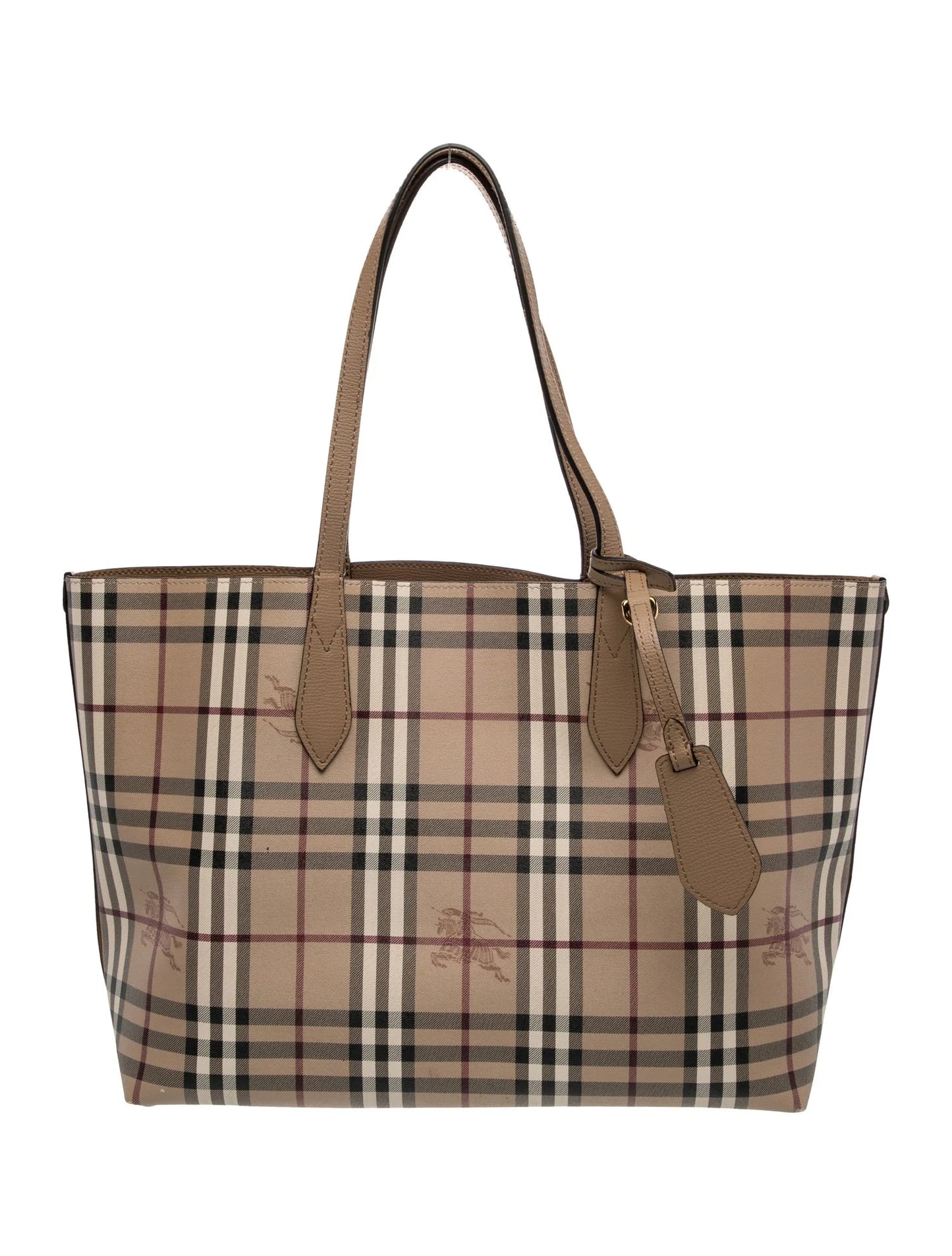 $995 Burberry Grainy Calfskin Haymarket Check Medium Reversible Tote