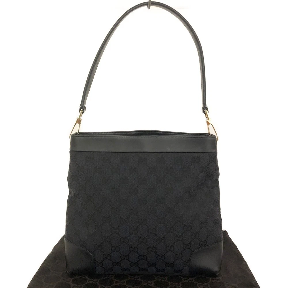 GUCCI GG Logo Canvas Leather Shoulder Tote Bag Black