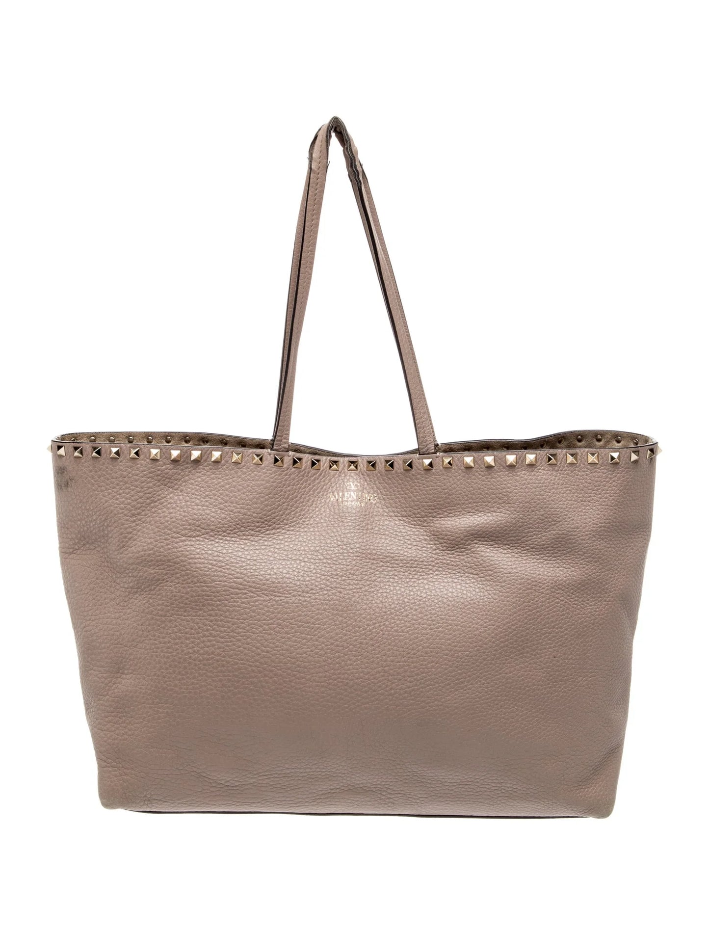 $2630 Valentino Garavani Grained Calfskin Small Rockstud Shoulder Tote Beige