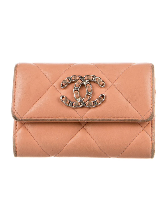 $1125 Chanel 19 Peach Quilted Leather Small Flap Wallet with Interlocking Chain CC 10021114