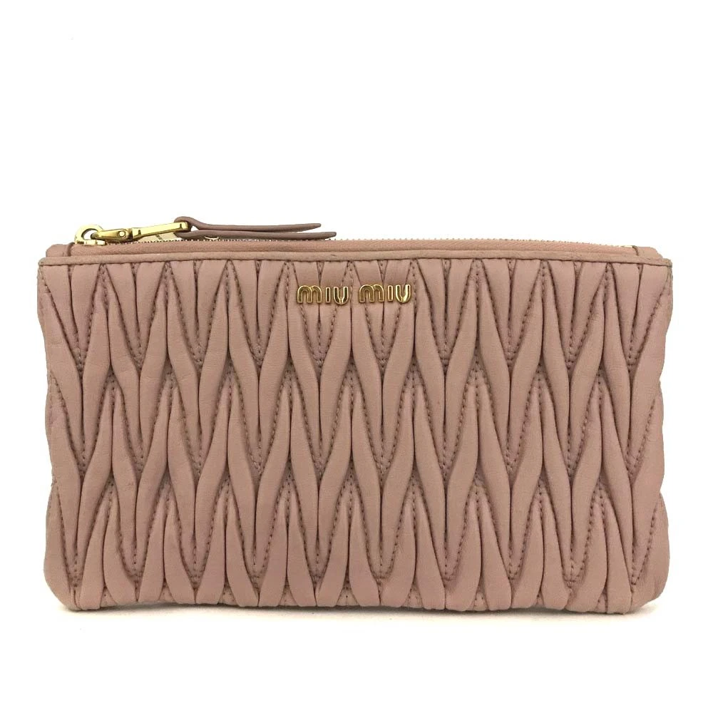 $508 MIU MIU Logo Gather Leather Cosmetic Pouch Bag Pink