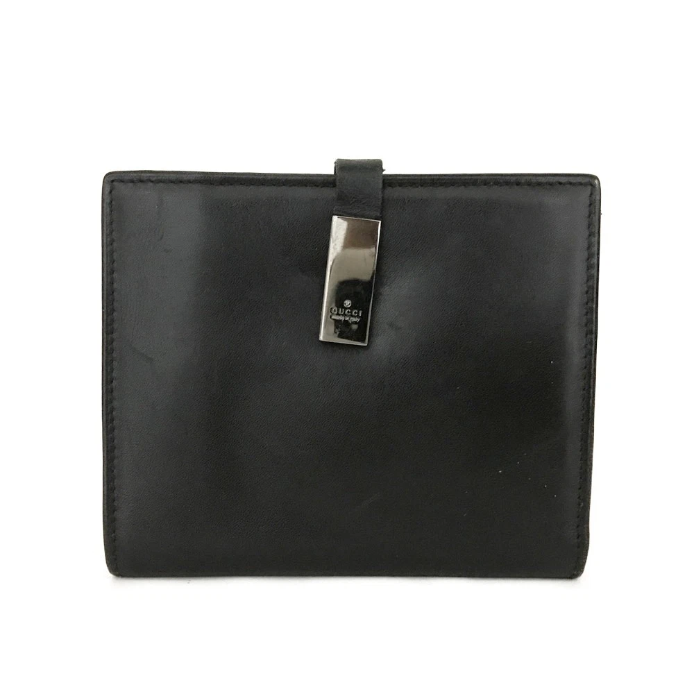 $550 GUCCI Calfskin Logo Plate Bifold Wallet Black