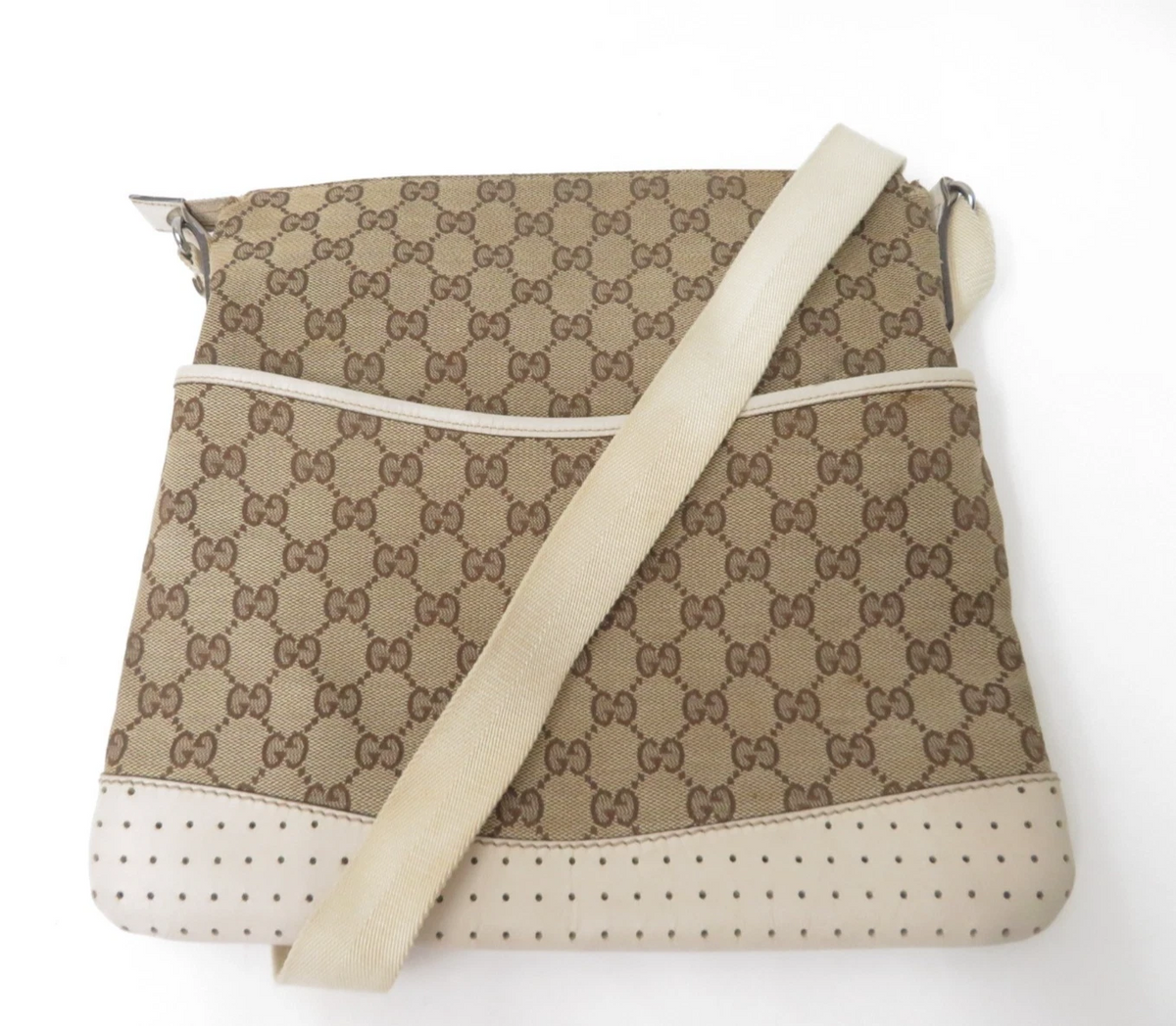 $1150 Gucci Perforated GG Leather Crossbody Messenger Bag
