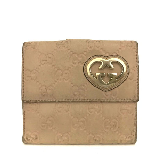 GUCCI Ssima Lovely Heart GG Logo Leather Bifold Wallet Beige
