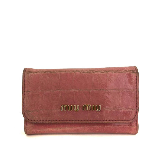 MIU MIU Logo Embossed Leather 6 Ring Key Case Pink