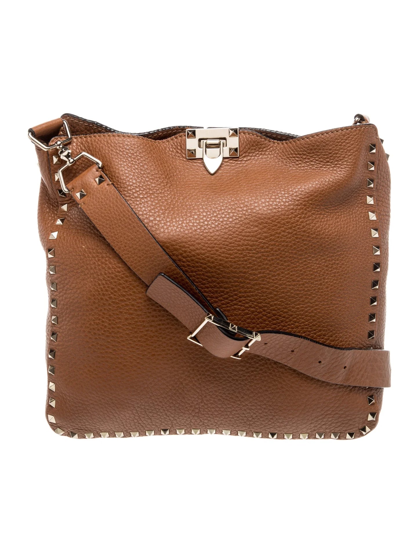 $2275 Valentino Pebbled Calfskin Small Rockstud Flip-Lock Messenger Bag Brown