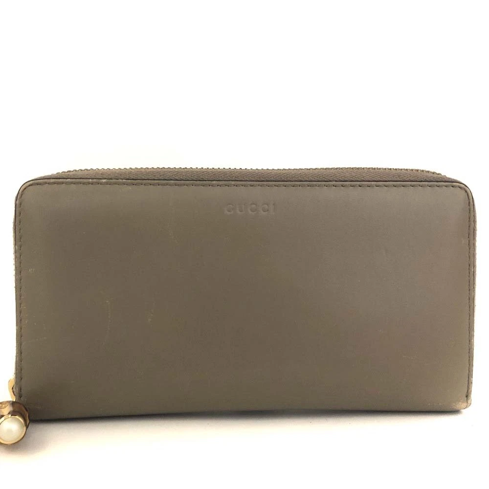 GUCCI Bamboo Pearl Leather Zip Around Long Wallet Beige/8CE0259