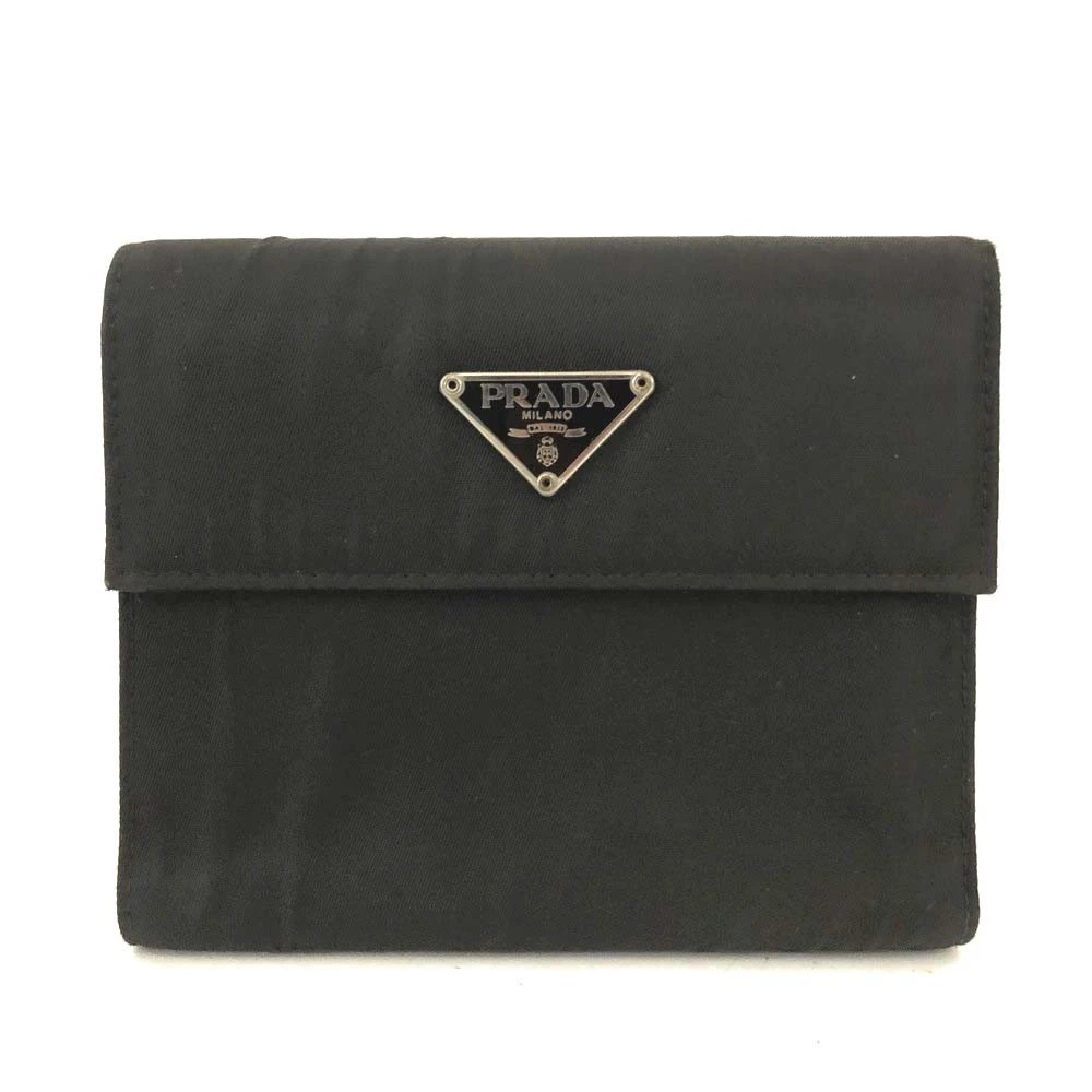 PRADA Logo Plate Nylon Trifold Wallet Black/2BH1717
