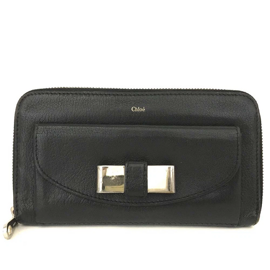 Chloe Lily Leather Zip Around Long Wallet Purse Black
