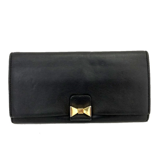 EGA Chloe Ribbon Leather Long Bifold Wallet Purse Black/2CG0424