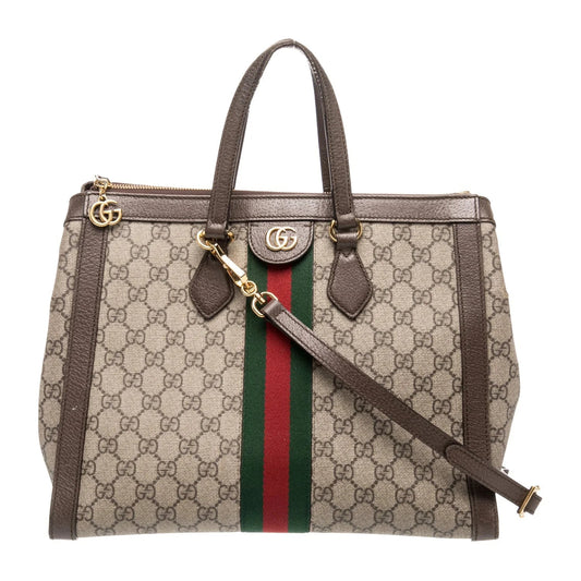 $2390 Gucci GG Supreme Monogram Web Medium Ophidia Tote Bag Brown