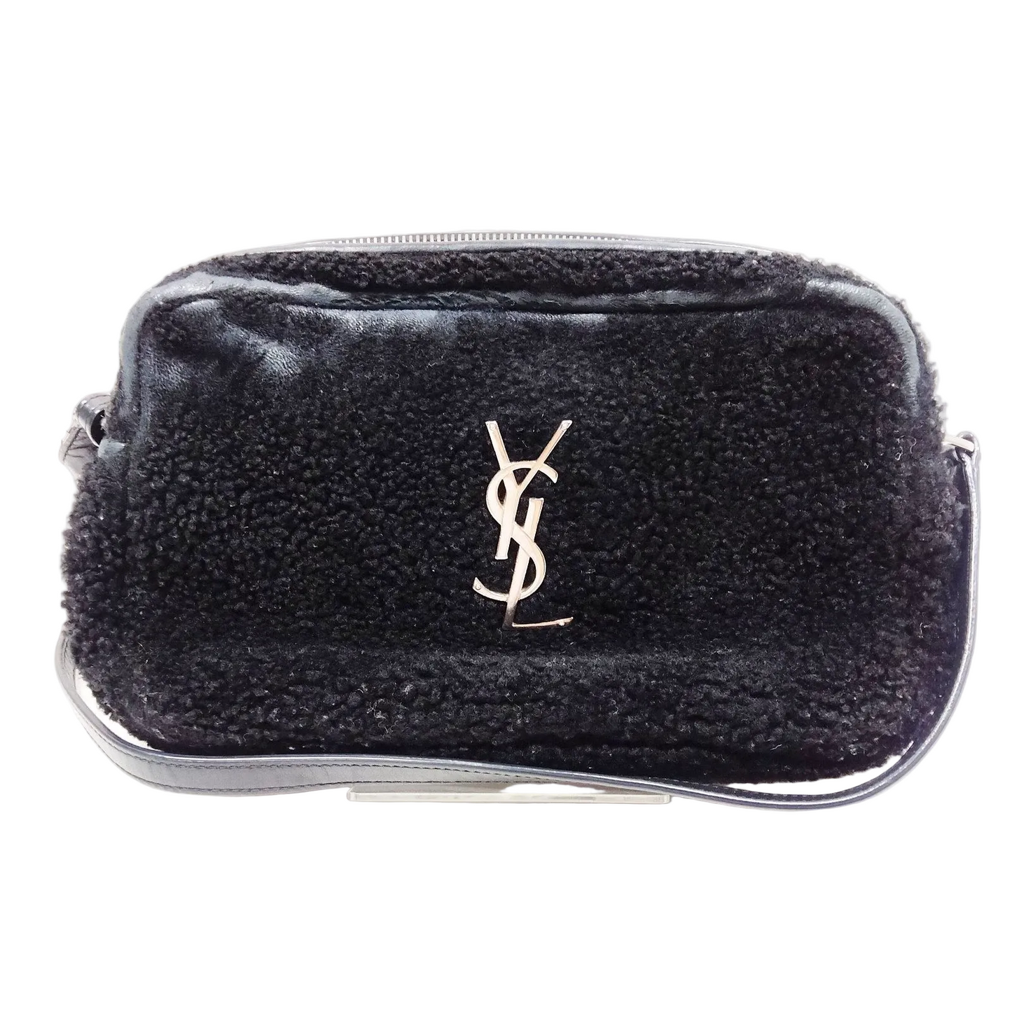 $1690 Saint Laurent Mini Lou Camera Bag Monogram Shearling Black