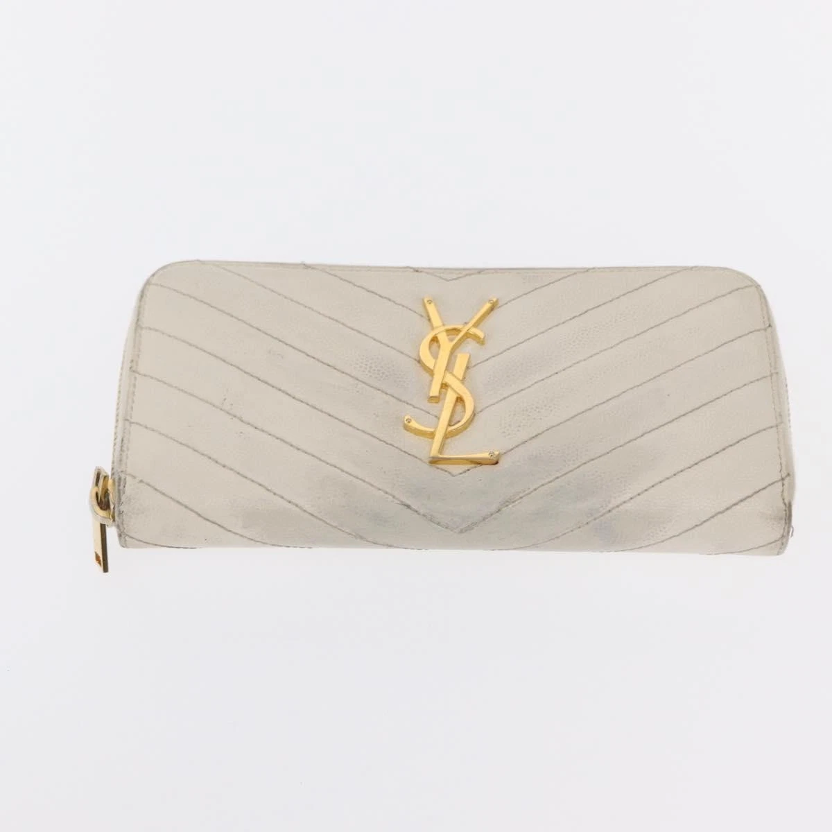 $950 Saint Laurent Grain De Poudre Matelasse Chevron Monogram Zip Around Wallet White