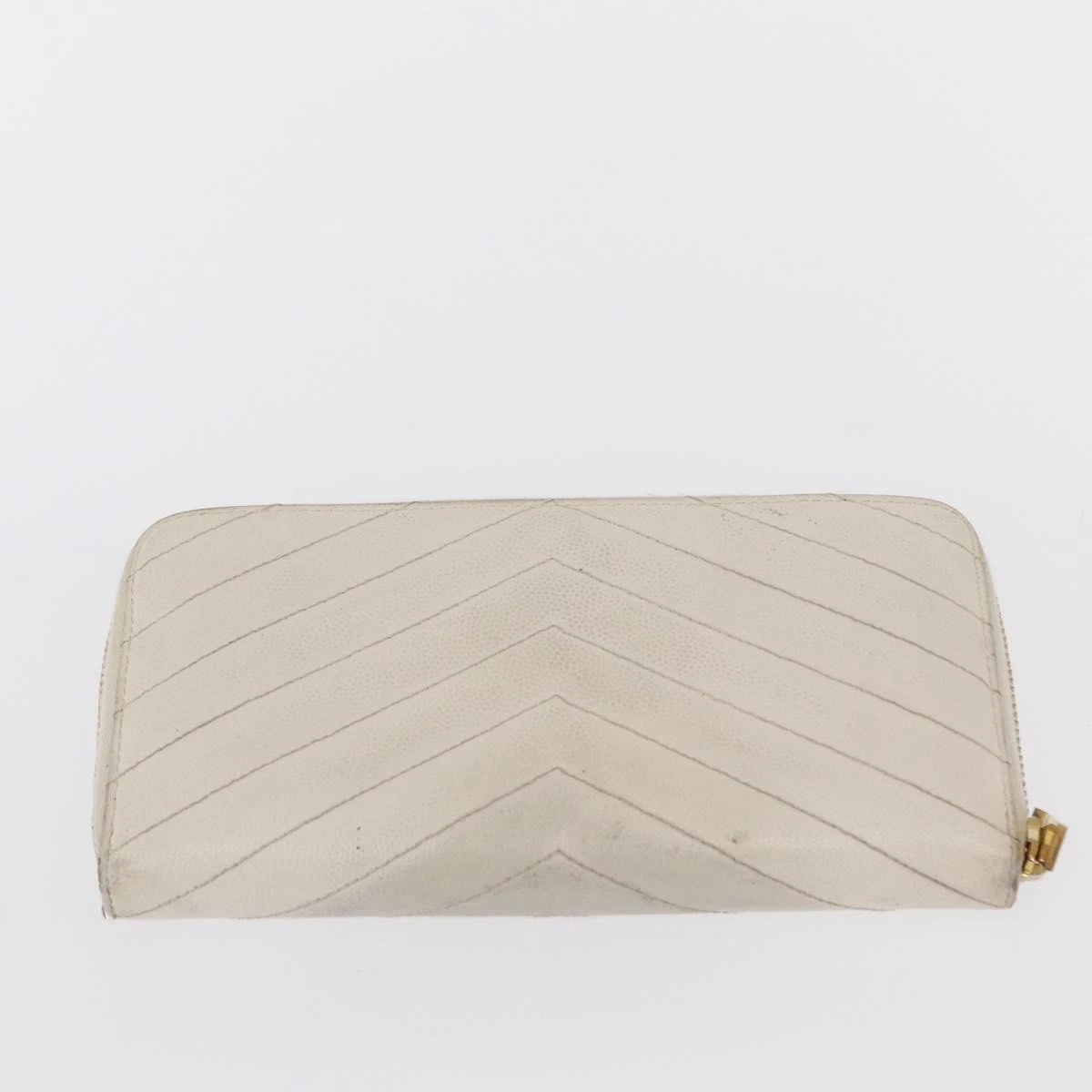 $950 Saint Laurent Grain De Poudre Matelasse Chevron Monogram Zip Around Wallet White